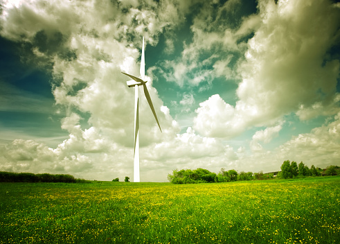 Wind turbines on a beautiful field and blue sky with clouds