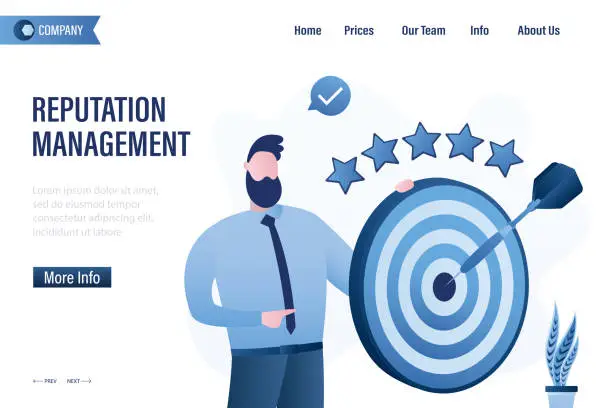 Vector illustration of Reputation management, landing page. Practice of influencing. Monitoring perceptions and conversations, responding to reputation threats and proactively seizing opportunities