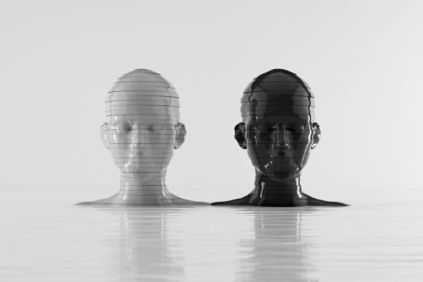 Metaverse Avatar, Digital Character, AI Chatbot, Two Layered Robot Head on Water Surface. Digitally Generated Image. 3d render.