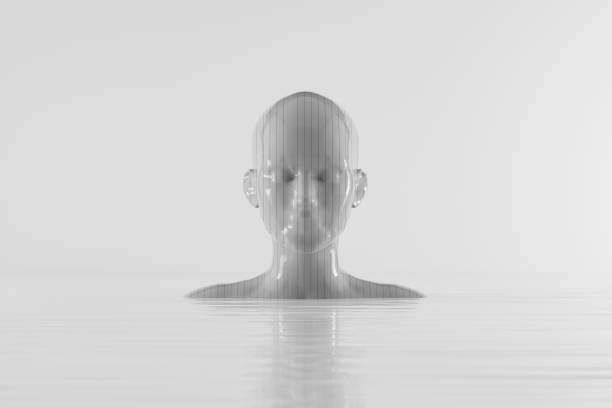 Metaverse Avatar, Digital Character, AI Chatbot, Layered Robot Head on Water Surface. Digitally Generated Image. 3d render.