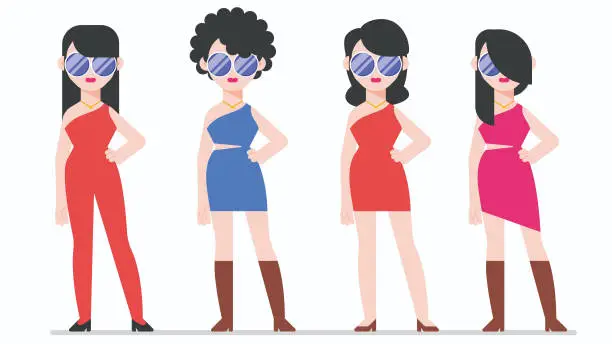 Vector illustration of Modern girl in different outfits and hairstyles.
