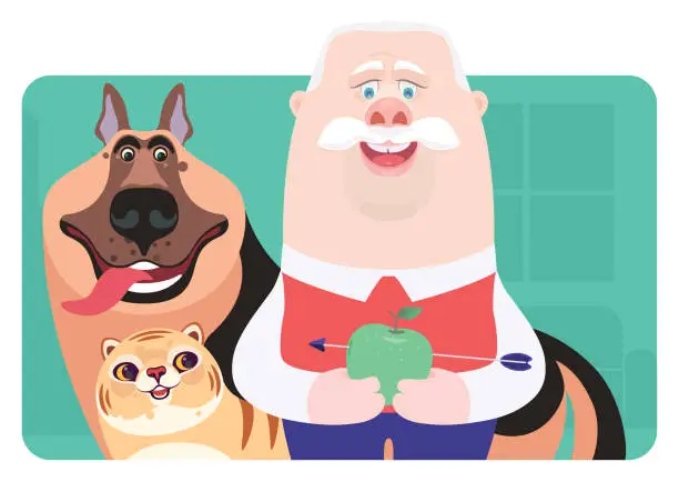 Vector illustration of happy senior man holding apple with dog and cat