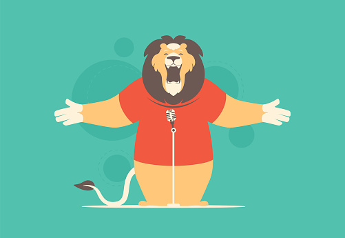 vector illustration of lion singing with microphone