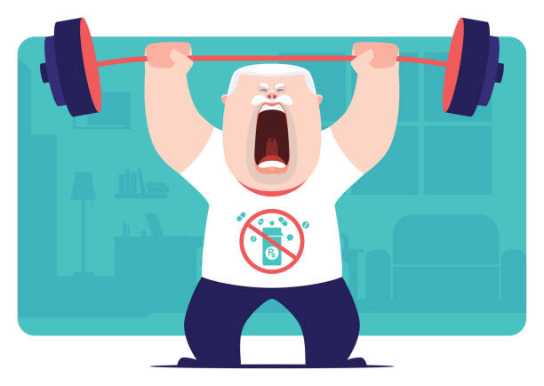 senior man lifting barbell and screaming - ilustração de arte vetorial