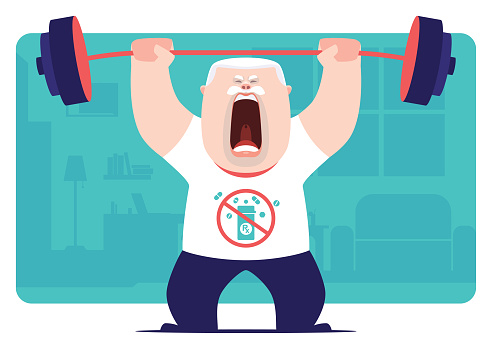 vector illustration of senior man lifting barbell and screaming