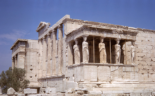 Porch of the Caryatids at the Erechtheion in Athens, Greece. Taken in September 5, 1967, the year before these original caryatids were removed and replaced by replicas.