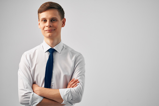 man in shirt with tie we start work office posing. High quality photo