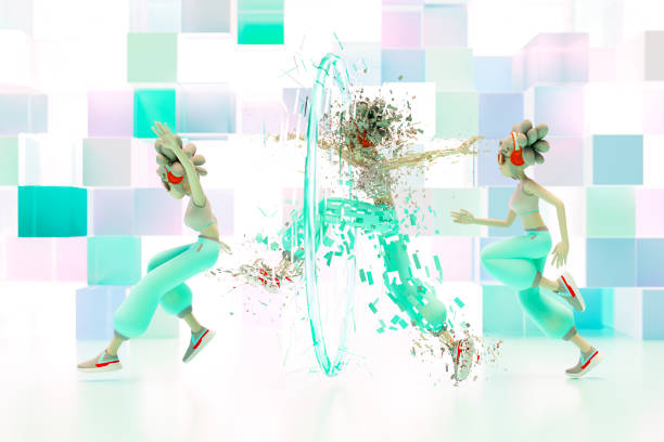Female character jumping through the gate to metaverse. Digitally generated image. 3d render.
