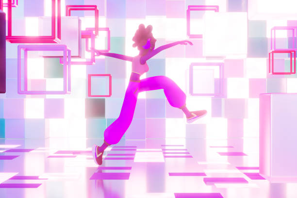 istock Female character jumping through the gate to metaverse 2082787789