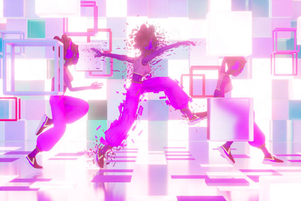Female character jumping through the gate to metaverse. Digitally generated image. 3d render.
