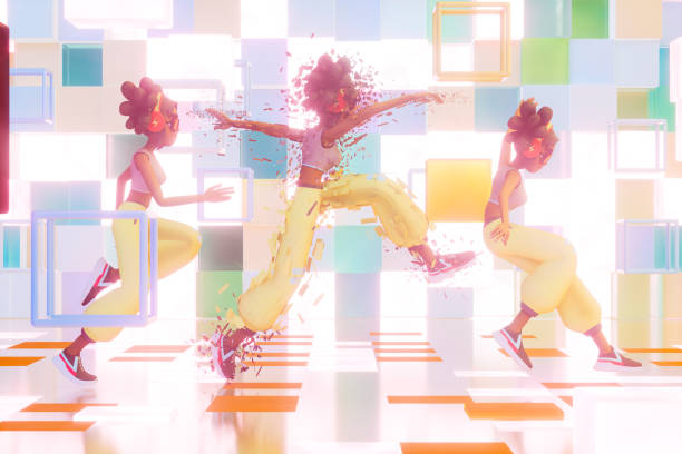 istock Female character jumping through the gate to metaverse 2082788851