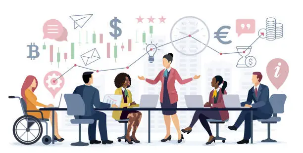 Vector illustration of Businesswoman leader. Multi-ethnic Group of Business people working together. Company employees plan tasks and brainstorming. Person with Disabilities.