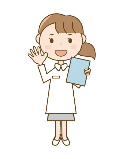 Vector illustration of A nurse greeting with a medical record_Full body illustration of a woman in a white coat