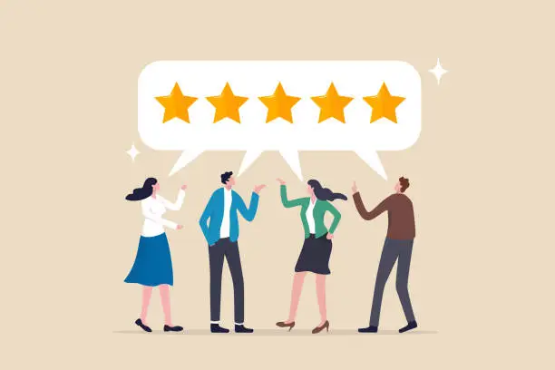 Vector illustration of Customer loyalty, consumer satisfaction giving 5 stars rating feedback, best user experience or trust to use service again concept, various customer people giving 5 stars review for quality service.