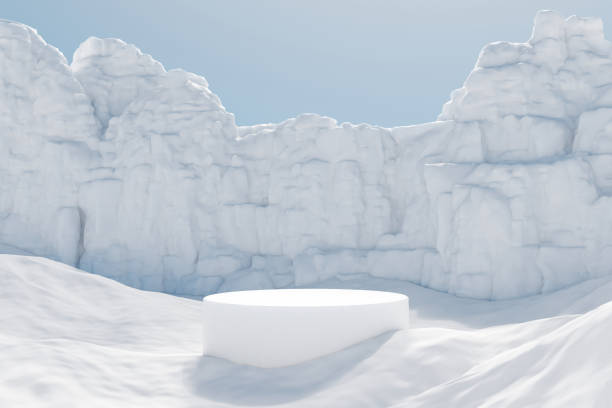istock 3d render winter platform and natural background,  Podium on the ice snow mountain, Backdrop clear sky snow wall for product display, advertising, cosmetic skincare or etc 2082805722