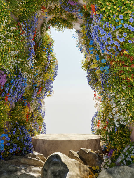 istock Abstact 3d render spring scene and Natural podium background, Stone podium on the rock in the mountain cave covered colorful flowers for product display advertising, mockup or etc 2082805920