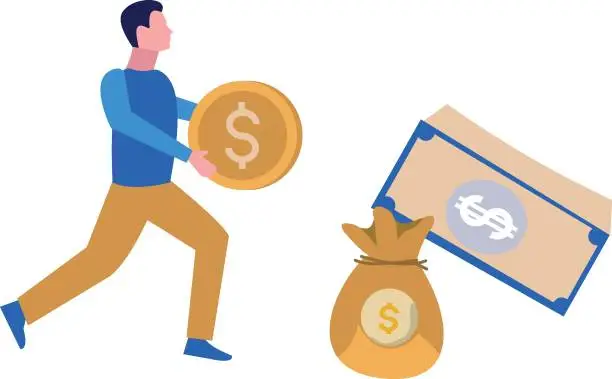 Vector illustration of A guy is holding a dollar coin.