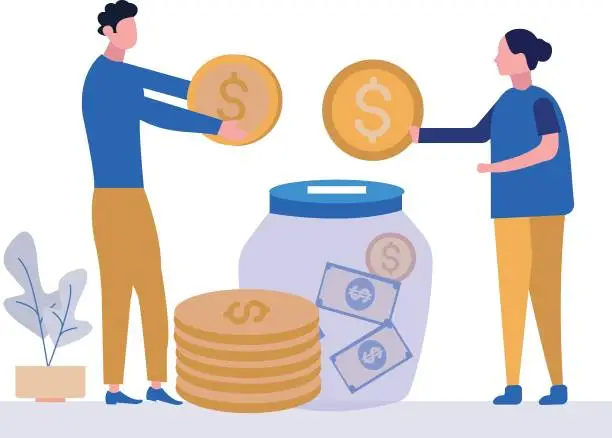 Vector illustration of Girl and boy putting money in a savings jar.