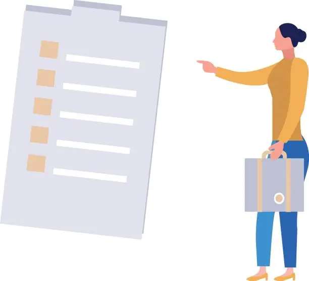 Vector illustration of The girl is pointing at the clipboard list.