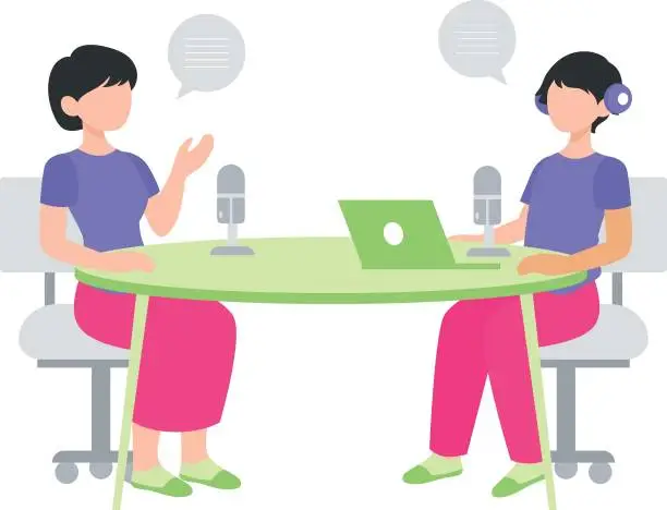 Vector illustration of The host is interviewing a girl in a podcast.