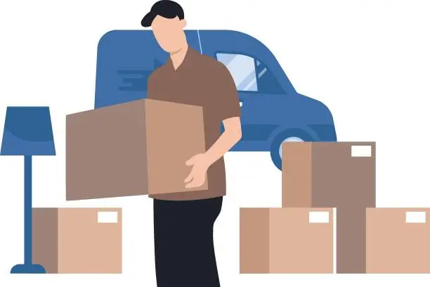 Vector illustration of The boy is moving house.