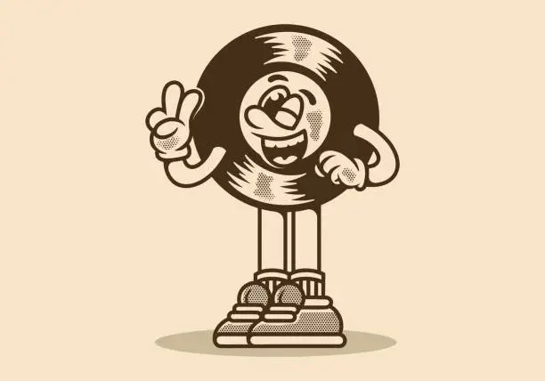 Vector illustration of Cute mascot character of a vintage vinyl with hand forming peace symbol
