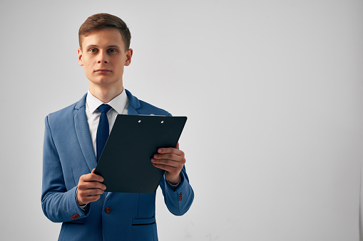 business man in suit self-confidence office documents work. High quality photo