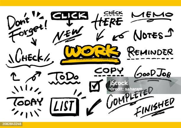 Work Sign Message Handwritten Message Work And Study Set Stock Illustration - Download ...