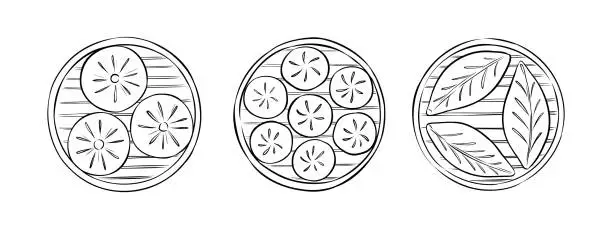 Vector illustration of Outline vector illustration set of traditional Asian dumplings of different shapes served in bamboo steamer baskets