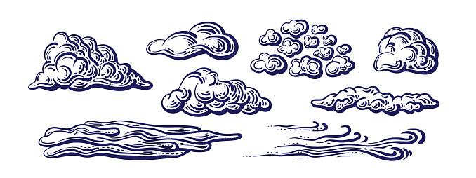 Clouds sketch set. Vector doodle illustraton, hand drawn graphic elements. Cloudy weather, metcast
