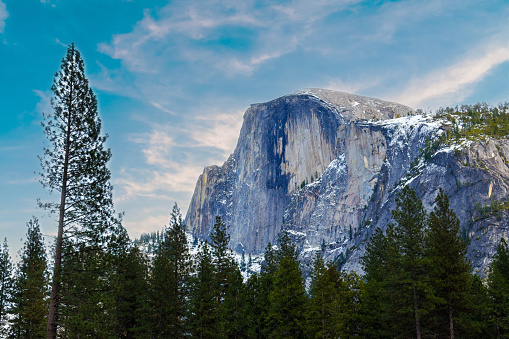 Yosemite Valley Half Dome sunrise over stunning granite mountain in California, USA