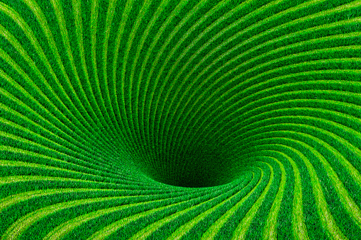 Grassy striped spiral abstract tunnel background. Optical illusion funnel. 3D rendering