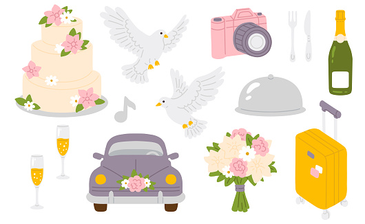 Vector illustration set of cute doodle wedding objects for digital stamp,greeting card,sticker,icon,design