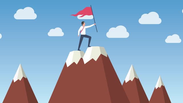 Successful Business man on Mountain Top with Success Flag Concept Animation Cartoon. Businessman on Peak with waving flag.