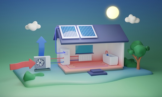 Heat pump system with solar panels for water heating in 3D illustration. Climate control using alternative energy for radiators and heated floors. Water warming system technical pipeline explanation.