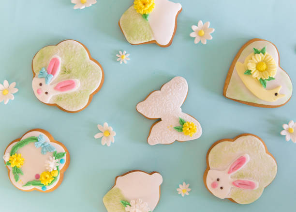 istock Easter cookies and meringue on a pastel background. Easter greeting card concept. 2082941758