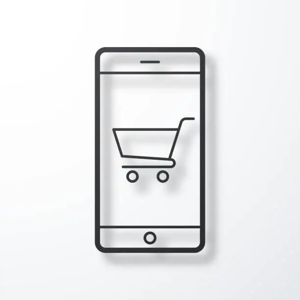 Vector illustration of Online shopping with smartphone. Line icon with shadow on white background