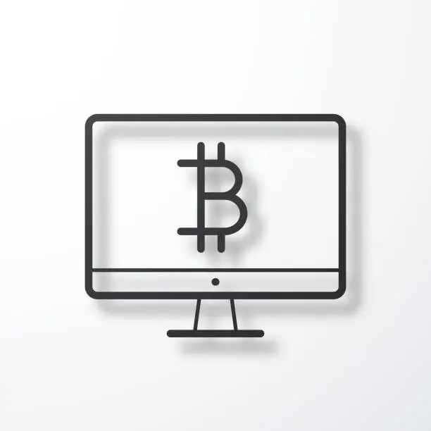 Vector illustration of Desktop computer with Bitcoin sign. Line icon with shadow on white background