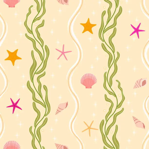 Vector illustration of beach ocean seamless pattern. marine life print. starfish, sea star, shell, conch, kelp and sand background.