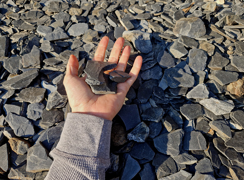 man holds in his hand a sample of stone gravel or pebbles of one size. Marble white gravel and gray brown pebbles straight from the quarry. sample, gray, fine,4-8mm, 8-16mm, 16-32mm , mulching