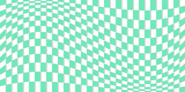 Vector illustration of Checkered background with checkerboard pattern, vector chess board squares. Checkered pattern with geometric mosaic illusion, checkerboard in visual distortion wave or optical effect background