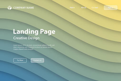 Landing page template for your website. Modern and trendy background. Fluid abstract design with wave shapes and beautiful color gradient in a paper cut style. This illustration can be used for your design, with space for your text (colors used: Yellow, Beige, Orange, Gray, Blue). Vector Illustration (EPS file, well layered and grouped), wide format (3:2). Easy to edit, manipulate, resize or colorize. Vector and Jpeg file of different sizes.