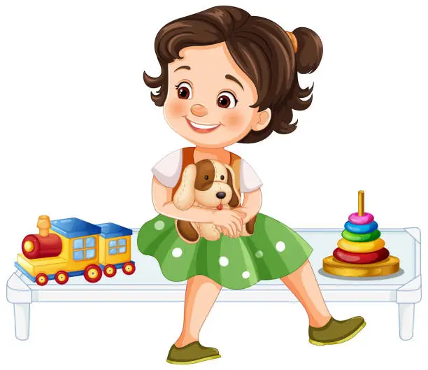 Vector illustration of Smiling girl holding a puppy with toys nearby.