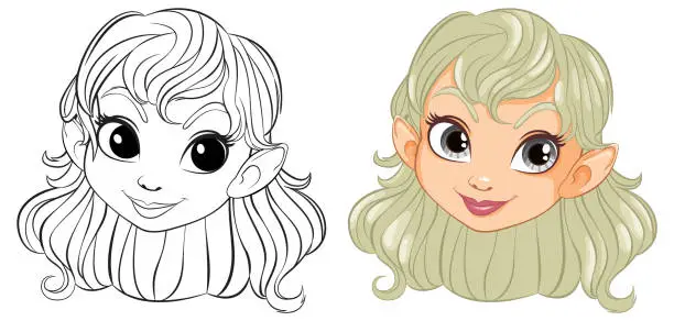 Vector illustration of Line art and colored illustration of a cheerful elf girl.