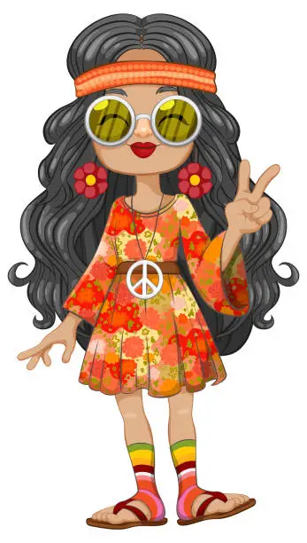 Vector illustration of Cartoon of a girl dressed in vibrant hippie attire.