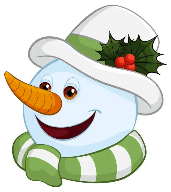Vector illustration of Smiling snowman with hat and scarf illustration.
