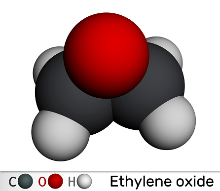 Ethylene oxide, oxirane C2H4O molecule. Molecular model. 3D rendering. Illustration
