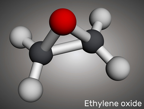 Ethylene oxide, oxirane C2H4O molecule. Molecular model. 3D rendering. Illustration