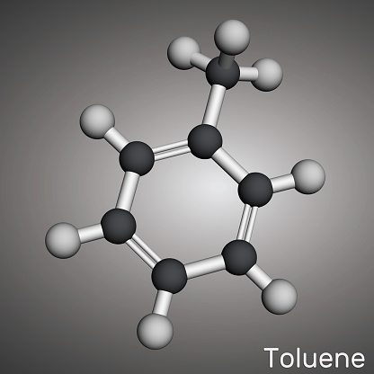 Toluene, toluol C7H8  molecule. Methylbenzene, aromatic hydrocarbon. Molecular model. 3D rendering. Illustration
