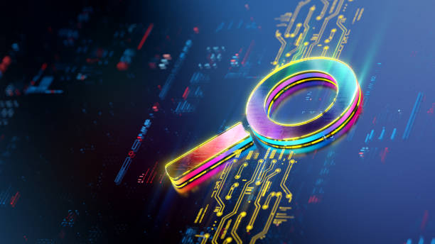 istock Glowing search icon on digital background. Search Engine Evolution. Futuristic search icon in world of technological progress and innovation. CGI 3D render 2082990659